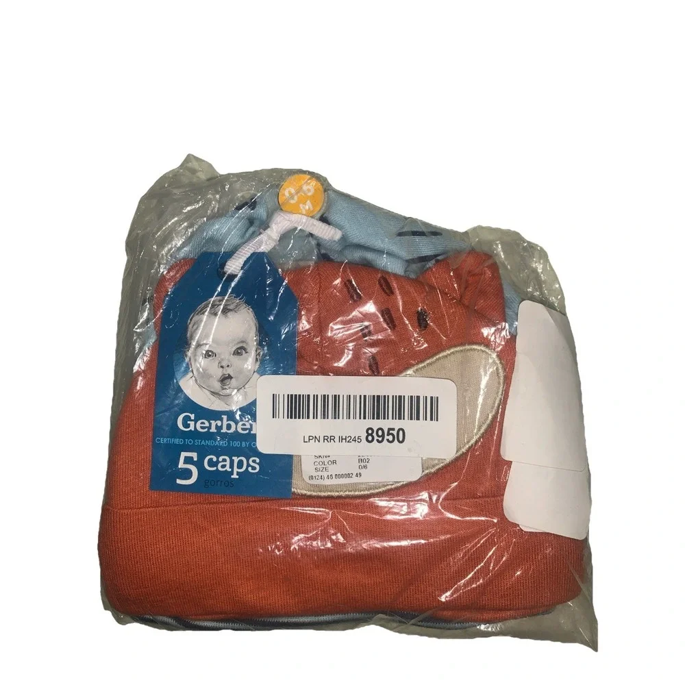 Gerber Baby INFANT‎ BOY'S CAPS 5-Pack Size 0-6 Months 100% Cotton Five Designs